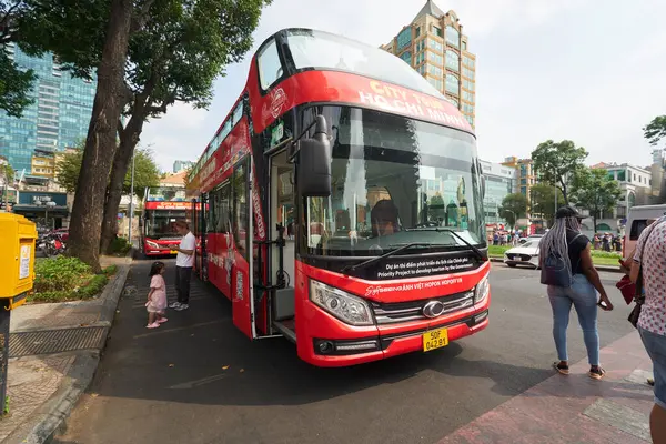 stock image HO CHI MINH CITY, VIETNAM - MARCH 25, 2023: Ho Chi Minh City open top double-decker hop-on hop-off bus.