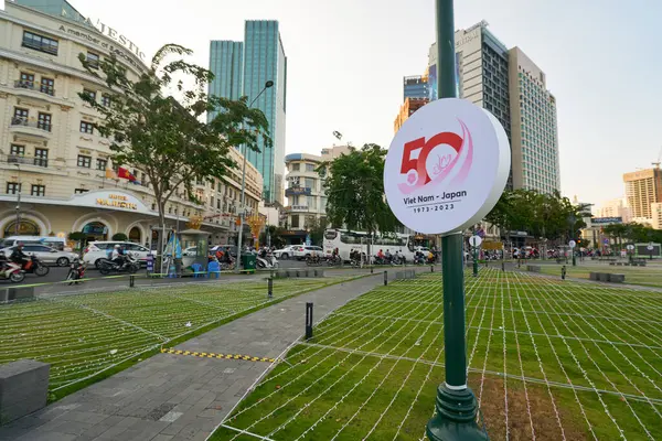 stock image HO CHI MINH CITY, VIETNAM - MARCH 25, 2023: 50th anniversary of the establishment of relations between Vietnam and Japan sign as seen in Bach Dang Wharf Park.