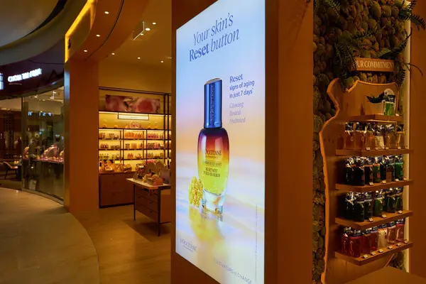 stock image KUALA LUMPUR, MALAYSIA - MAY 27, 2023: L'Occitane store in LaLaport Bukit Bintang City Centre shopping mall. L'Occitane is a French luxury retailer of body, face, hair, fragrances, and home products.