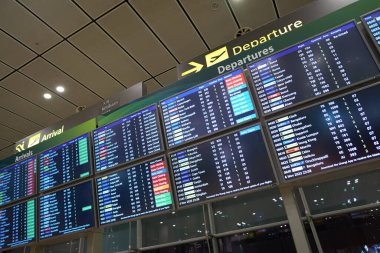 SINGAPORE - NOVEMBER 06, 2023: Singapur Changi Havaalanı Terminali 'nde dijital uçuş bilgi görüntüleme sistemi.