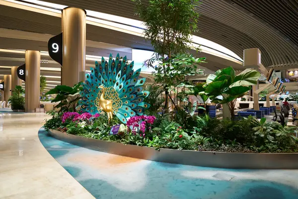 SINGAPORE - NOVEMBER 06, 2023: Singapur Changi Havalimanı 'nda Deepavali temalı tavus kuşu süslemeleri.