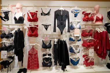 HONG KONG, ÇİN - 04 Aralık 2023 New Town Plaza alışveriş merkezindeki Intimissimi mağazasında iç çamaşırları sergilendi.