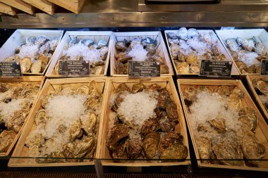 HONG KONG, ÇİN - 04 Aralık 2023 New Town Plaza alışveriş merkezindeki City 's super' de istiridyeler sergilendi.