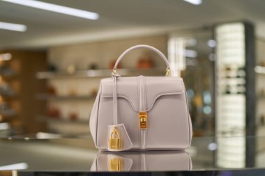 HONG KONG, ÇİN - 05 Aralık 2023: Hong Kong 'daki Landmark alışveriş merkezindeki Celine mağazasında sergilenen çantanın yakın çekimi. 