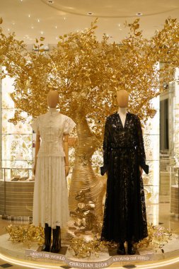 HONG KONG, ÇİN - 05 Aralık 2023: Hong Kong 'daki Landmark alışveriş merkezindeki Dior mağazasında giysili mankenler sergileniyor. 