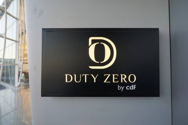 HONG KONG, CHINA - DECEMBER 08, 2023: close up shot of Duty Zero by cdf sign as seen in Hong Kong International Airport. clipart