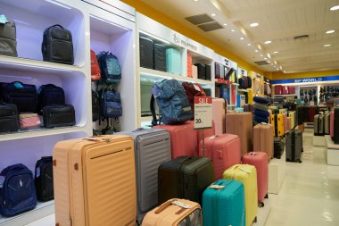 PHUKET, THAILAND - APRIL 30, 2023: various suitcases displayed at Jungceylon shopping center. clipart