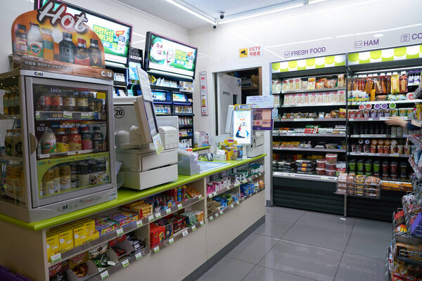 INCHEON, SOUTH KOREA - MAY 17, 2017: checkout counter in CU convenience store in Incheon International Airport.