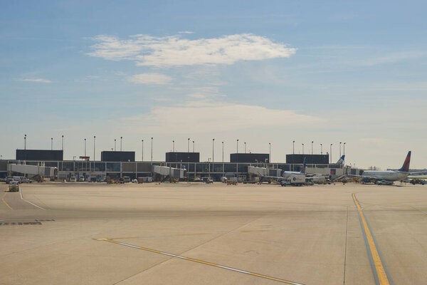 CHICAGO, IL - APRIL 05, 2016: Chicago O'Hare International Airport at daytime. O'Hare is a major international airport serving Chicago.