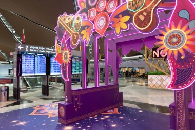 KUALA LUMPUR, MALAYSIA - NOVEMBER 10, 2023: Deepavali decorations in KLIA. Diwali is a Hindu festival of lights, symbolizing the victory of light over darkness and good over evil. clipart