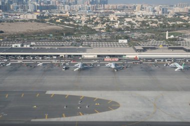 DUBAI, BAE - 21 Şubat 2019: Dubai Uluslararası Havaalanı 'nın havadan görüntüsü.