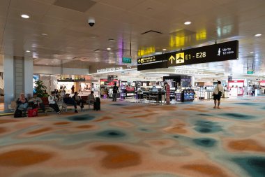 SINGAPORE - 25 AĞUSTOS 2024: Singapur 'daki Changi Uluslararası Havaalanı' nın içini geniş açılı görüş