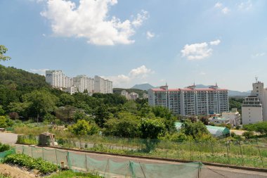 Busan, Güney Kore - 27 Mayıs 2017: Busan 'daki şehir manzarasının sokak seviyesi.