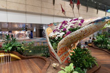 SINGAPORE - 25 AĞUSTOS 2024: Changi Havalimanı 'nda görülen Büyülü Bahçe, orkideler, heykel sanatı, dolambaçlı yollar ve bir koi havuzu, terminalin içinde huzurlu bir deneyim sunuyor.