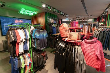 HONG KONG, CHINA - FEBRUARY 01, 2019: interior shot of a Superdry Sport store in Hong Kong. clipart