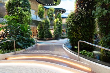 SINGAPORE - 25 AĞUSTOS 2024: Changi Uluslararası Havalimanı, Singapur 'da görülen bir bahçe, canlı yeşilliği modern terminal tasarımıyla harmanlayarak doğal ve rahatlatıcı bir atmosfer yaratıyor..