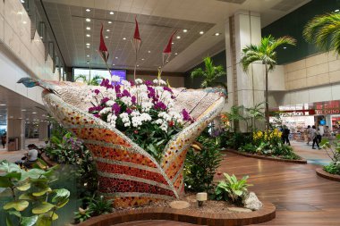 SINGAPORE - 25 AĞUSTOS 2024: Changi Havalimanı 'nda görülen Büyülü Bahçe, orkideler, heykel sanatı, dolambaçlı yollar ve bir koi havuzu, terminalin içinde huzurlu bir deneyim sunuyor.