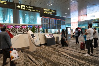 SINGAPORE - 25 AĞUSTOS 2024: Changi Havalimanı yolcuları Nakil Odası A 'nın yanında, Uçuş Bilgileri Ekranındaki uçuş detaylarını kontrol ediyorlar (FIDS).