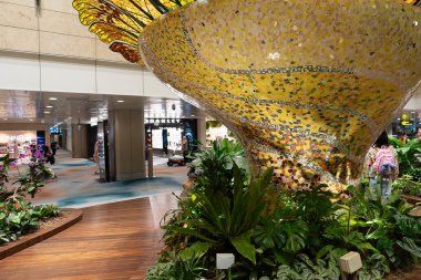 SINGAPORE - 25 AĞUSTOS 2024: Changi Havalimanı 'nda görülen Büyülü Bahçe, orkideler, heykel sanatı, dolambaçlı yollar ve bir koi havuzu, terminalin içinde huzurlu bir deneyim sunuyor.