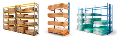 Set of three different racks with various buidlings materials, including stacked in pile plywood panels, osb and drywall sheets, isolated on white background, 3d illustration