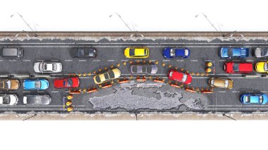 Top view on a traffic jam caused by road works on a damaged part of road, one direction is blocked and queue of cars had to go around through the zone enclosed by road cones, isolated on white background, 3d illustration