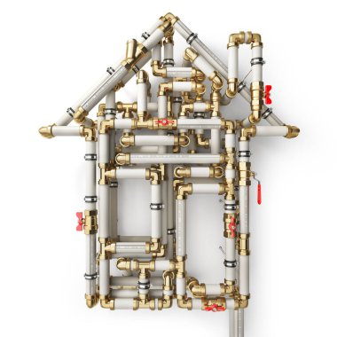 Plumbing pipes in shape of house on a white background. 3d illustration