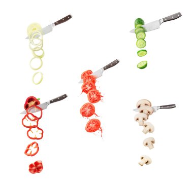 Set of knives like guillotine cuts vegetables into slices isolated on white background