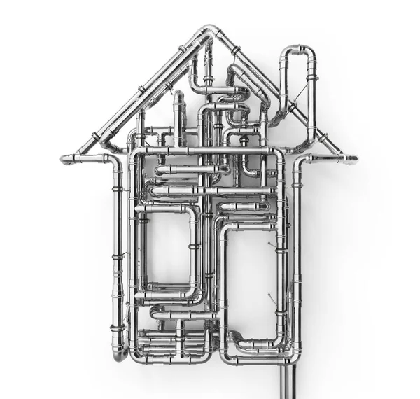 白い背景に家の形をした配管 3Dイラスト — ストック写真