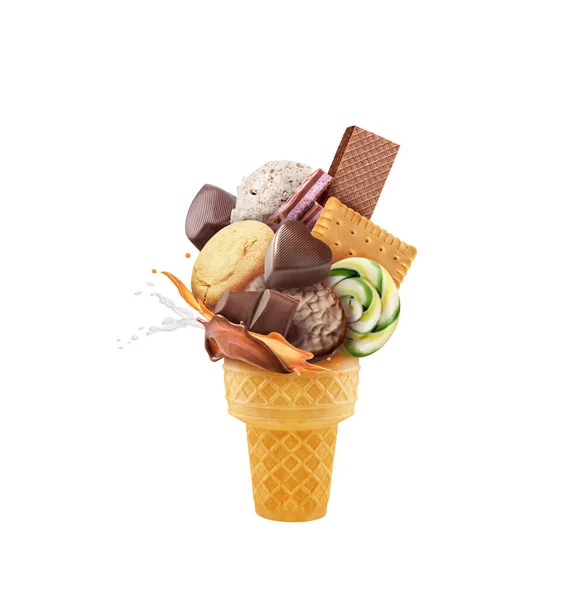 Cookies with sweets and chocolate in a waffle cone. Splash of caramel.