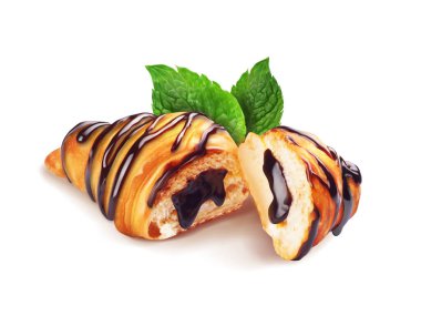 Croissant with chocolate and mint leaves. Vector illustration.