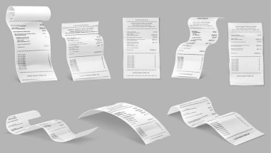 Vector illustration of receipts of realistic payment paper bills for cash or credit card transaction with the purchase of goods amount from a store or store sale. Isolated 3D on grey background