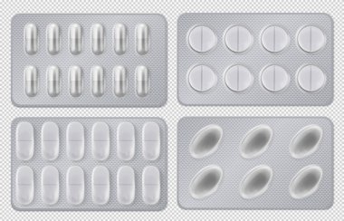 Set of realistic blisters for pills. Medicinal capsules and tablets in a blister pack. Vector illustration