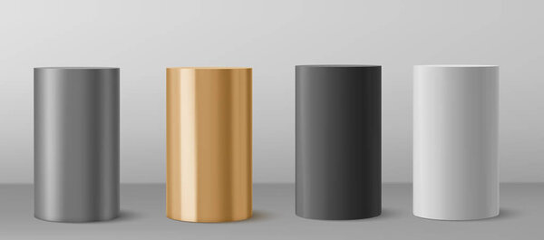 3d Cylinder from different materials pillar isolated on gray background. vector illustration