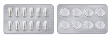 Set of realistic blisters for pills. Medicinal capsules and tablets in a blister pack. Vector illustration