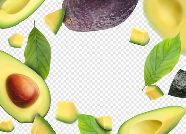 Frische Avocado Hintergrund Mit Grünen Blättern Avocado Scheiben Geschnitten Vektorillustration — Stockvektor
