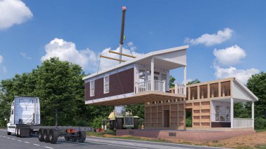 Modüler bir evin dışını monte ediyoruz. 3d illüstrasyon