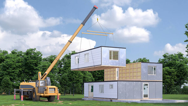 Сборка внешнего вида модульного дома. 3d иллюстрация