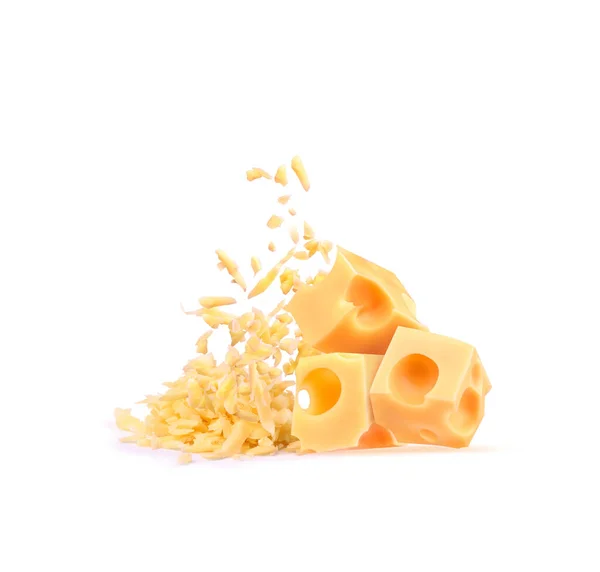 Geraspte Kaas Met Stukjes Kaas Een Witte Achtergrond — Stockfoto