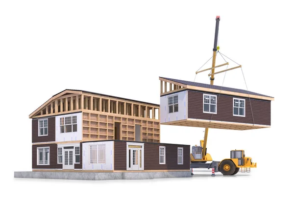 Montaje Una Casa Modular Aislada Sobre Fondo Blanco Ilustración — Foto de Stock