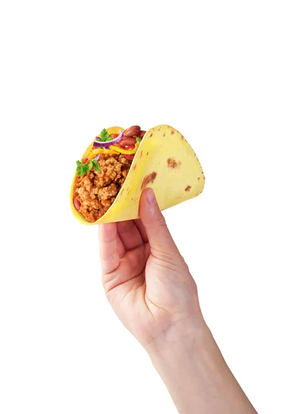 Tacos Mit Hackfleisch Der Hand Auf Weißem Hintergrund — Stockfoto