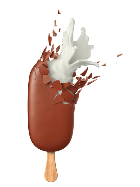 Ijs Met Chocolade Glazuur Explosie Melk Splash Een Witte Achtergrond — Stockfoto