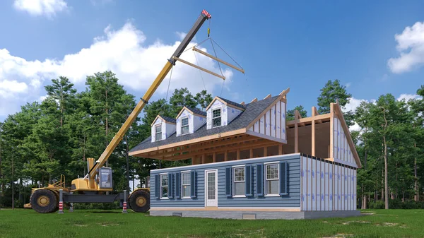 Assembling a modular house exterior. 3d illustration