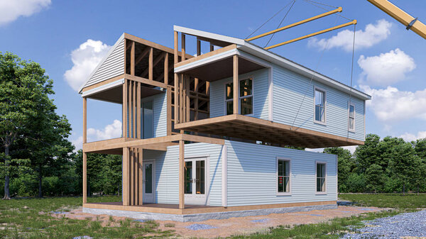 Сборка внешнего вида модульного дома. 3d иллюстрация