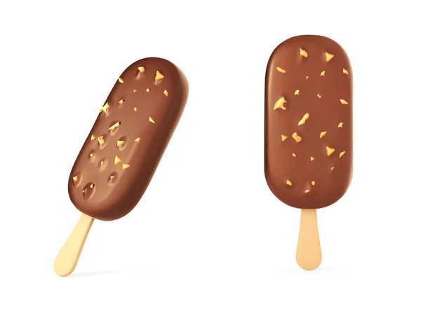 Ice Cream Stick Chocolate Glaze Pieces Nuts Vector Illustration — Stock Vector