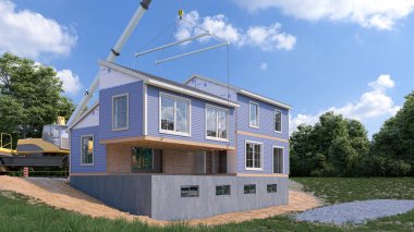 Modüler bir evin dışını monte ediyoruz. 3d illüstrasyon