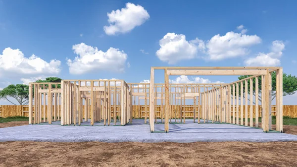 Assembling a frame house on the construction site 3d illustration