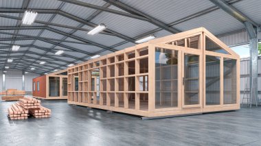Hazır ve bitmemiş modüler evlerin montaj atölyesi. 3d illüstrasyon