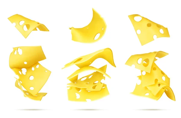 Set Falling Slices Cheese White Isolated Background — Stock Photo, Image