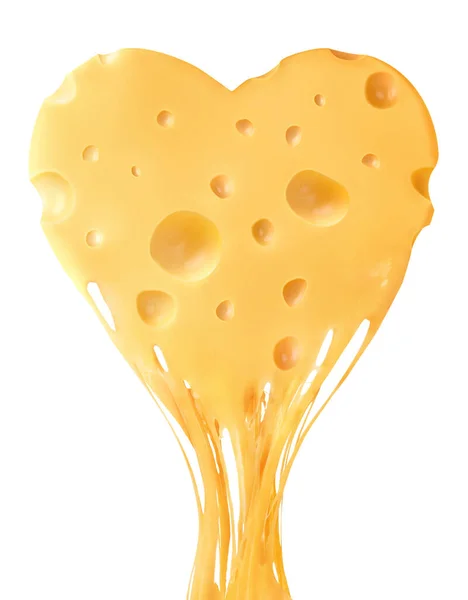 白い隔離された背景に心臓の形をしたチーズの溶けた部分 — ストック写真