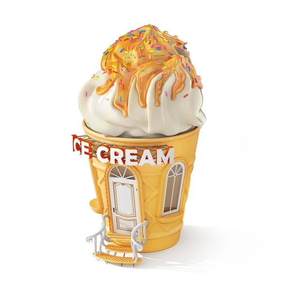 Ice cream store. 3d render ice cream shop in form of ice cream cone.